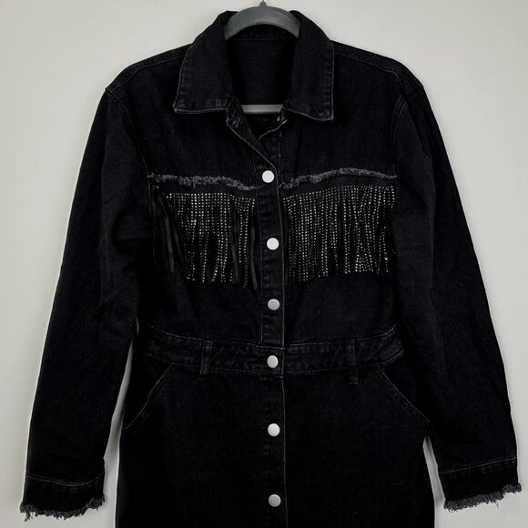 Rhinestone Tassel Raw Hem Long Sleeve Denim Jacket OR Mini Shirt Dress, Medium - Picture 4 of 8